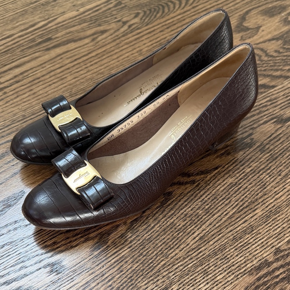 Salvatore Ferragamo Dark Brown Croc-Embossed Heels